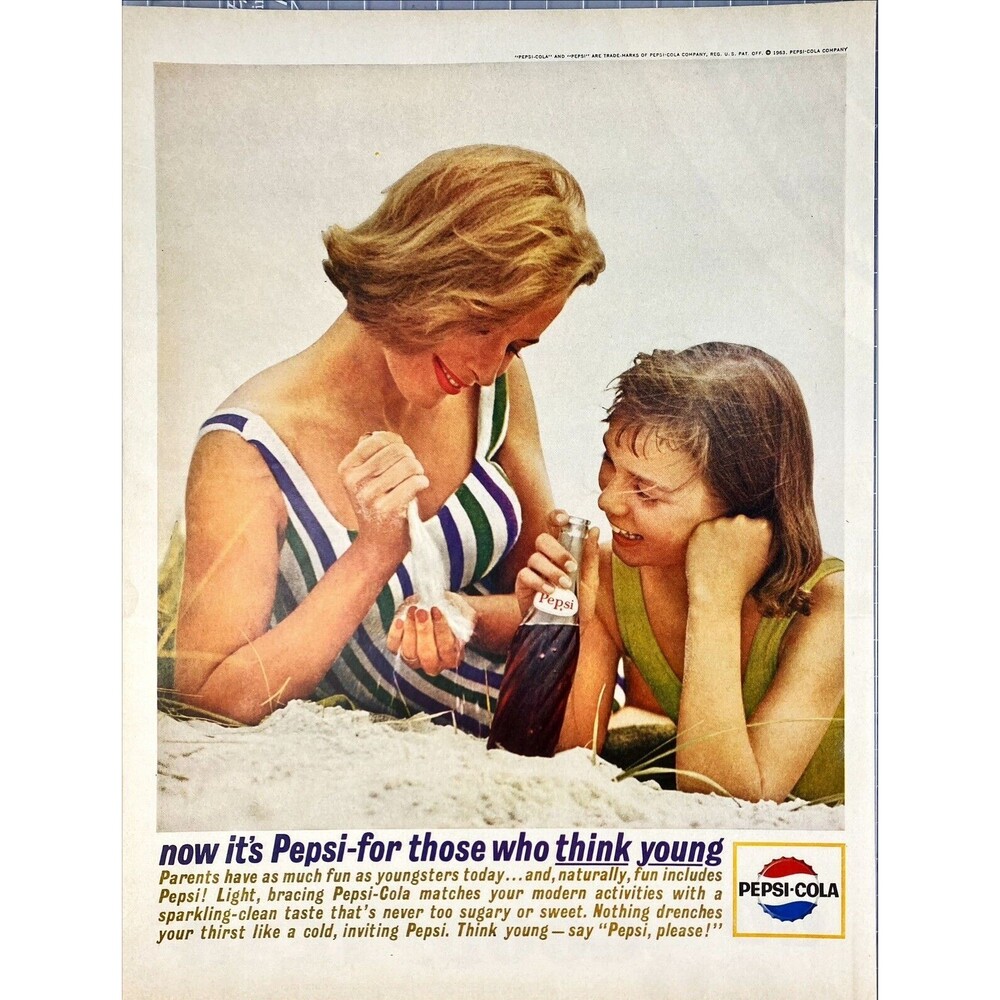 Pepsi-Cola "Now it's Pepsi-for those who think Young" Vintage Print Ad 1963